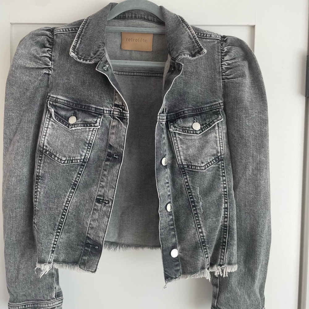 EUC Retrofete Cropped Distressed Puff-Sleeve Denim Jacket. Size Large.